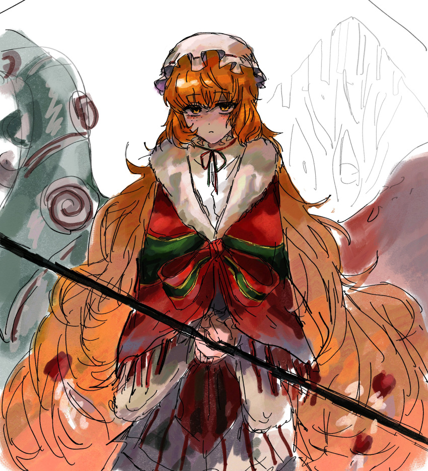 1girl, absurdres, blush, christmas_nightmare_(e.g.o), christmas_ornaments_in_hair, e.g.o_(project_moon), fur_collar, green_ribbon