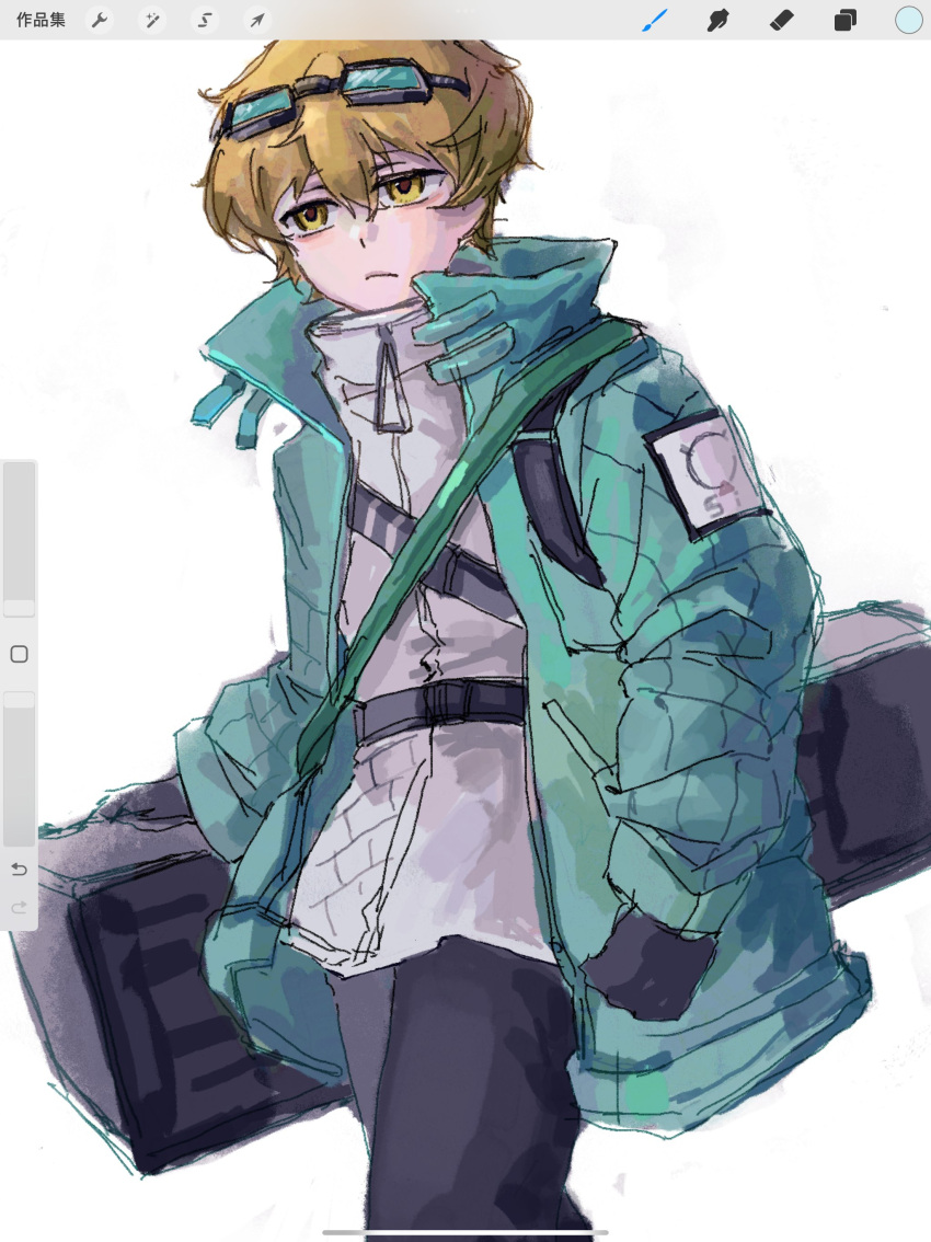 1boy, absurdres, art_program_in_frame, bag, belt, black_gloves, blonde_hair, blue_coat