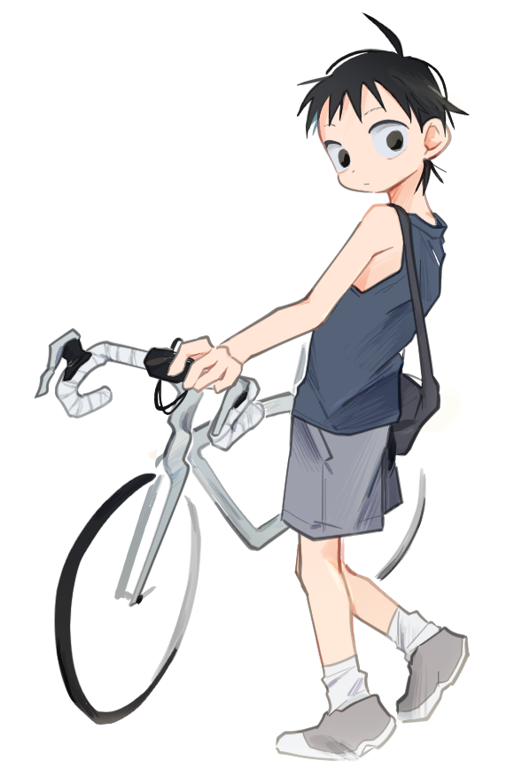 1boy, ahoge, ankle_socks, armpit_crease, bag, bicycle, black_hair, black_tank_top