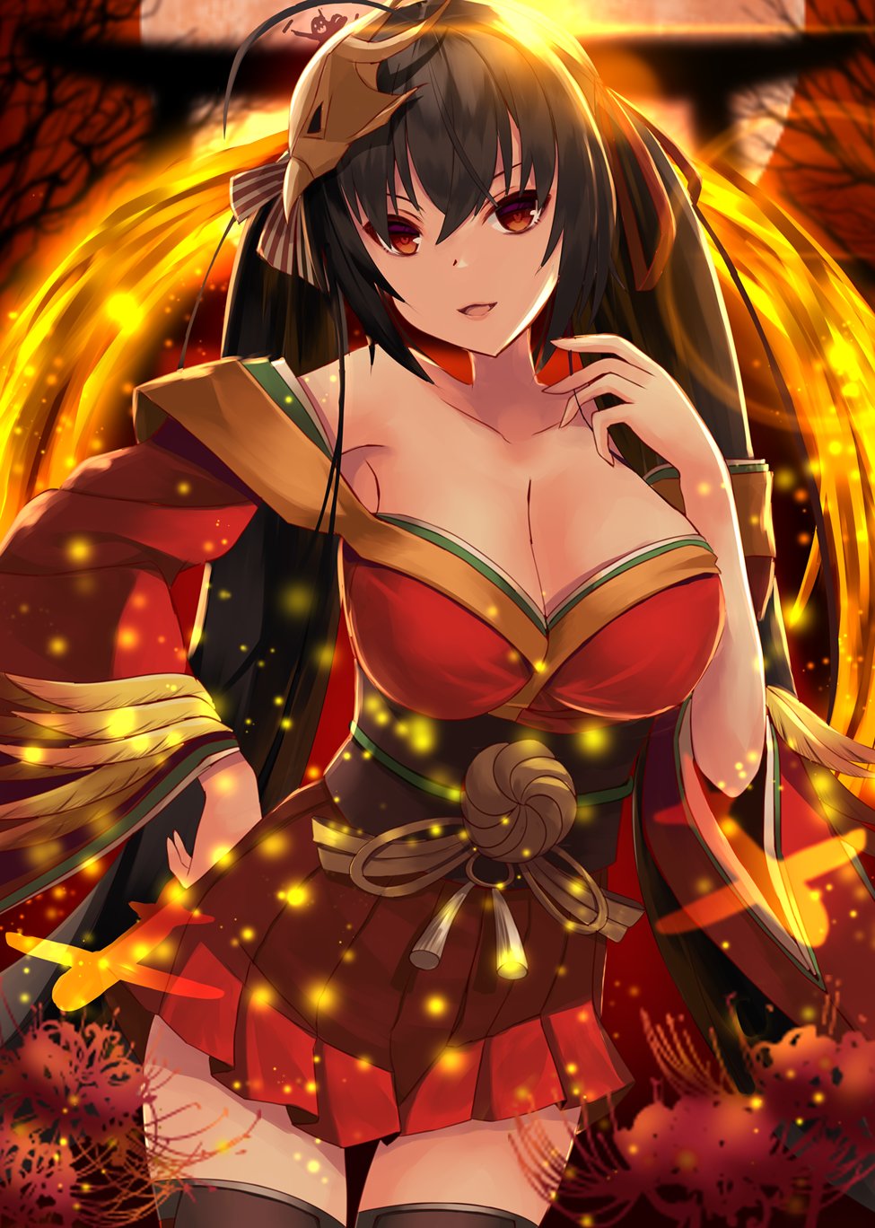 1girl, ahoge, azur_lane, bare_shoulders, black_hair, black_thighhighs, blush, breasts