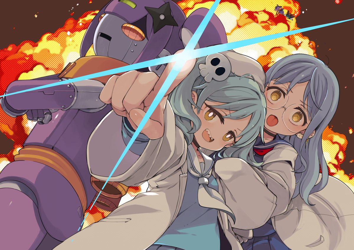 2girls, back-to-back, blue_hair, chibi, crossed_arms, diffraction_spikes, end_card, explosion