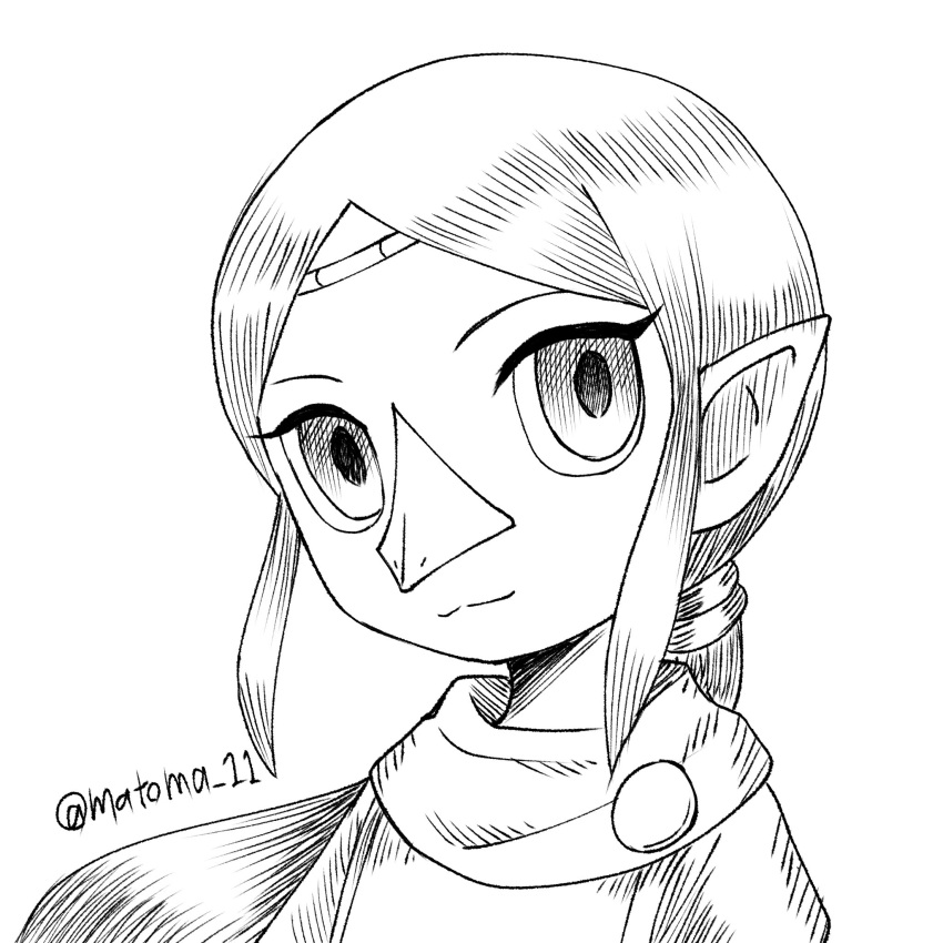 1girl, beak, circlet, commentary_request, crosshatching, hatching_(texture), highres, long_hair, matoma_11, medli, monochrome, ponytail, portrait, smile, solo, the_legend_of_zelda, the_legend_of_zelda:_the_wind_waker, twitter_username