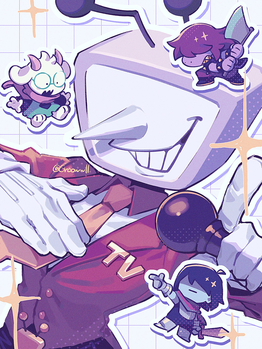 1girl, 1other, 2boys, absurdres, ant_tenna, axe, blue_skin, chibi