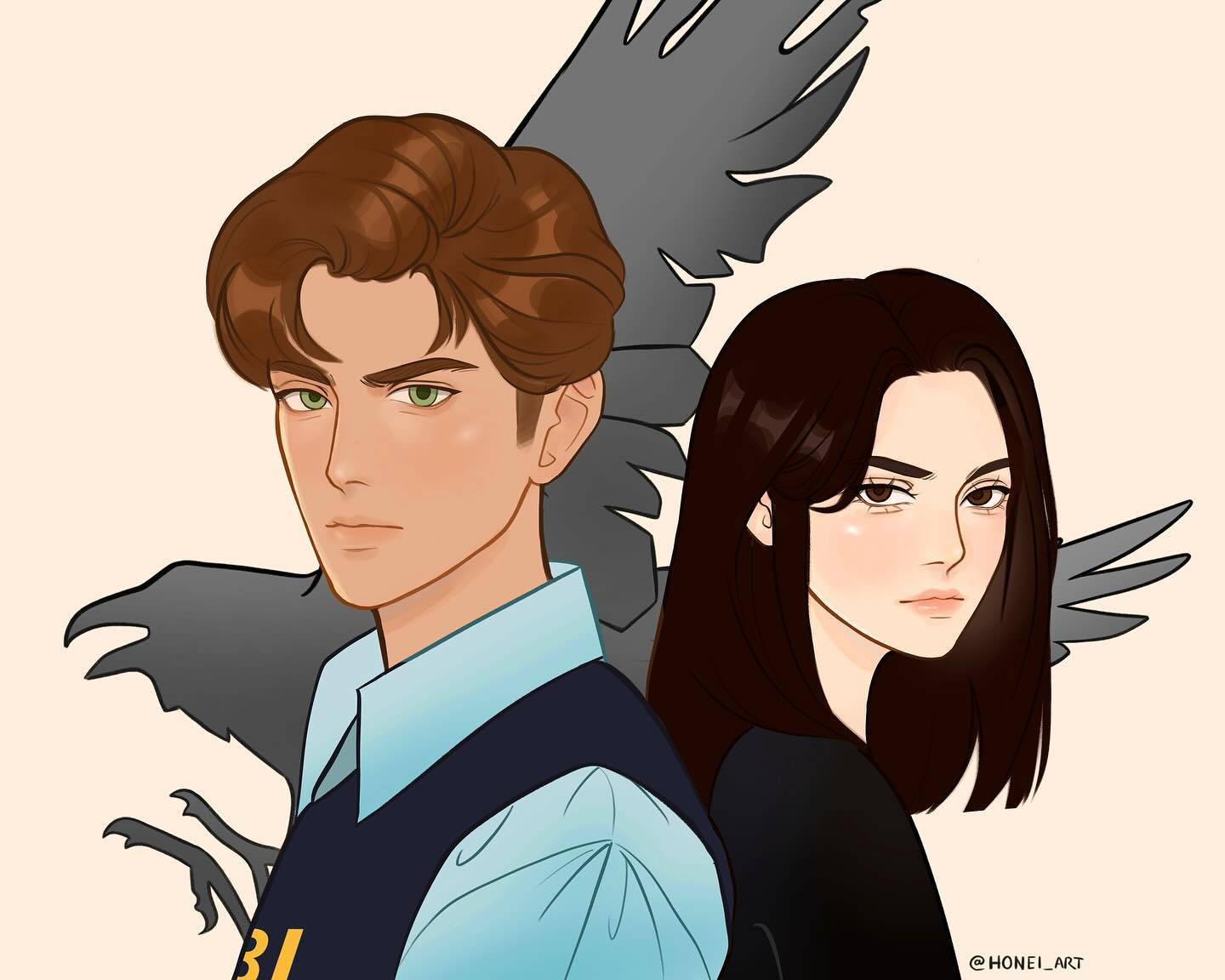 1boy, 1girl, back-to-back, brown_eyes, brown_hair, commission, fbi, green_eyes
