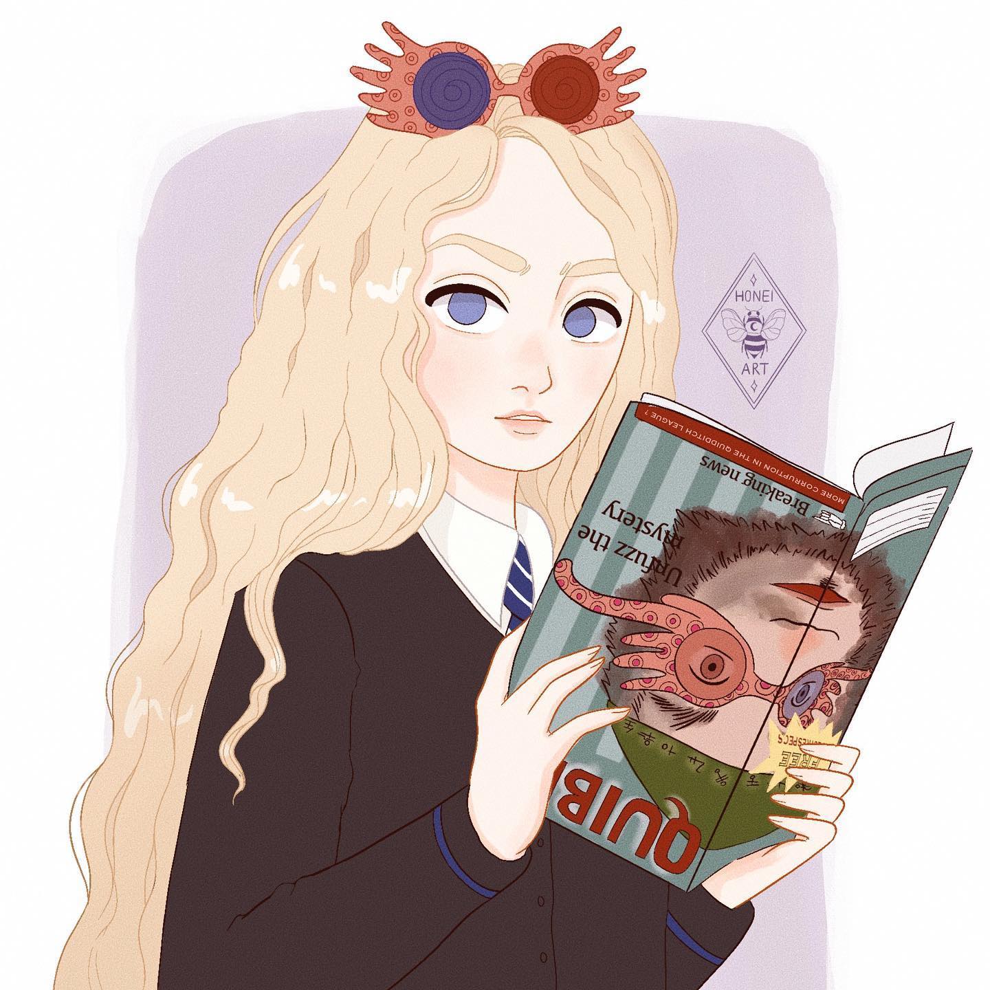 1girl, blonde_hair, blue_eyes, book, eyewear_on_head, fantasy, harry_potter_(series), highres