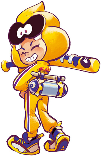 1other, ambiguous_gender, blue_shoes, character_hood, closed_eyes, collared_jumpsuit, copyright_name, cosplay, english_text, eyelashes, facing_back, from_behind, gumchi, gumchi_(cosplay), gungho, hand_on_own_hip, head_tilt, holding, holding_weapon, hood, hood_up, ippon_katana_(ninjala), jumpsuit, ninjala, nose, official_art, outline, print_jumpsuit, purple_outline, rianti-wong, second-party_source, shoe_soles, shoes, shuriken_print, sneakers, socks, solo, striped_jumpsuit, teeth, text_print, vertical-striped_jumpsuit, vertical-striped_sleeves, weapon, white_background, white_shoes, white_socks, yellow_hood, yellow_jumpsuit, yellow_shoes, yellow_sleeve_cuffs