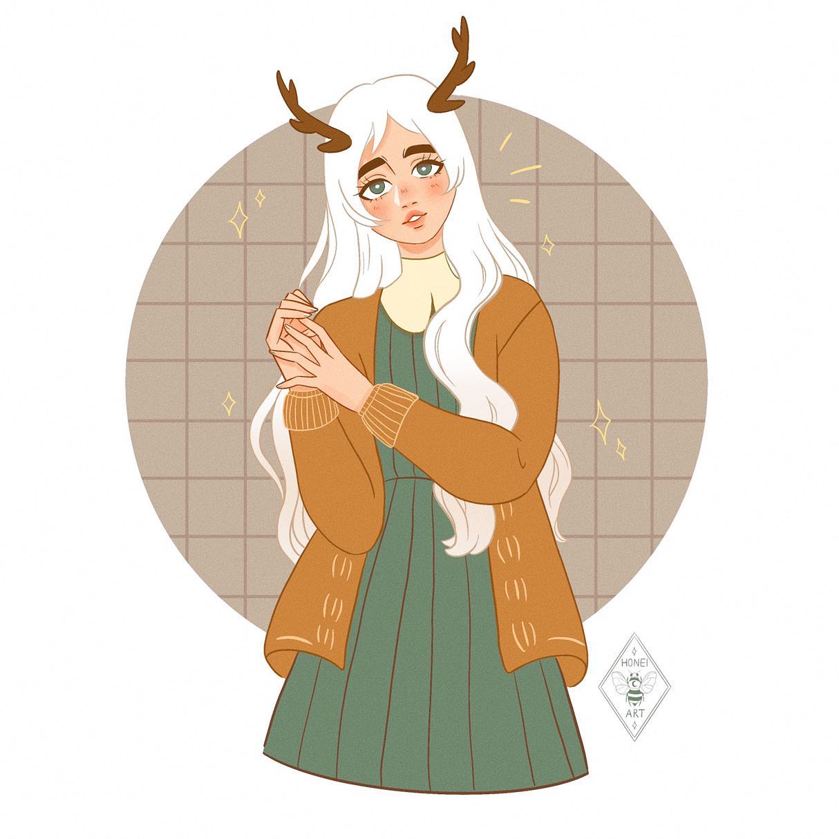 1girl, antlers, blush, cardigan, fantasy, green_eyes, highres, horns