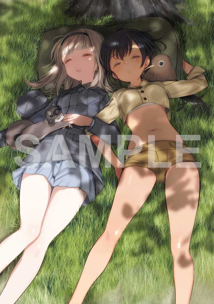 2girls, bird, black_hair, blonde_hair, closed_eyes, dappled_sunlight, dark-skinned_female, dark_skin, flocke_(luminous_witches), garrison_cap, grass, green_shorts, grey_shirt, hairband, hat, jacket, kyuu-chan_(luminous_witches), long_hair, luminous_witches, lying, manaia_matawhaura_hato, maria_magdalena_dietrich, midriff, military, military_uniform, multiple_girls, navel, official_art, on_grass, outdoors, pillow, sample_watermark, shimada_fumikane, shirt, shorts, skirt, sleeping, squirrel, stomach, sunlight, tree, watermark, world_witches_series