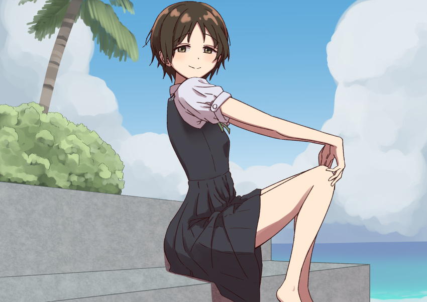 1girl, absurdres, akebi-chan_no_serafuku, barefoot, bench, blue_skirt, blue_vest, brown_eyes