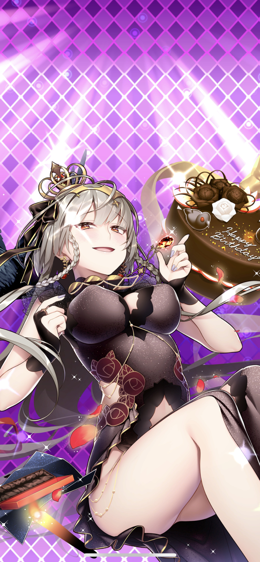 1girl, :d, absurdres, ass, bare_shoulders, black_dress, black_nails, blush, braid, breasts, brown_eyes, cake, candy, capelet, china_dress, chinese_clothes, chocolate, covered_nipples, doughnut, dress, drill_hair, earrings, flower, food, frills, gem, giuniu, grey_hair, hair_between_eyes, hair_flower, hair_ornament, hair_ribbon, headdress, heart, heart-shaped_chocolate, heart-shaped_food, highres, jewelry, large_breasts, legs, long_hair, looking_at_viewer, lying, morigan_raven, nail_polish, navel, on_back, open_mouth, petals, purple_nails, ribbon, rose, see-through_clothes, single_thighhigh, smile, solo, thigh-highs, thighs, tiara, twin_braids, twin_drills, uchi_no_hime-sama_ga_ichiban_kawaii, veil, very_long_hair, yellow_eyes