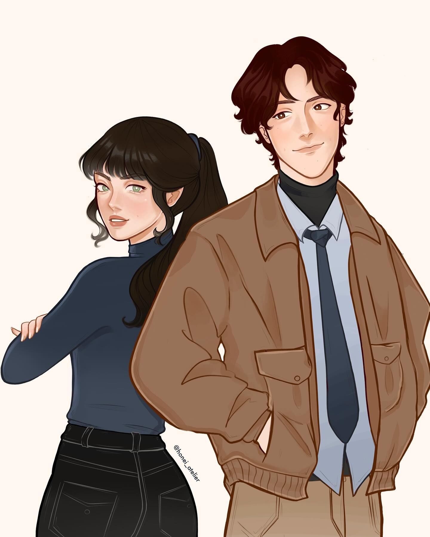 1boy, 1girl, back-to-back, black_hair, blunt_bangs, brown_eyes, brown_jacket, casual