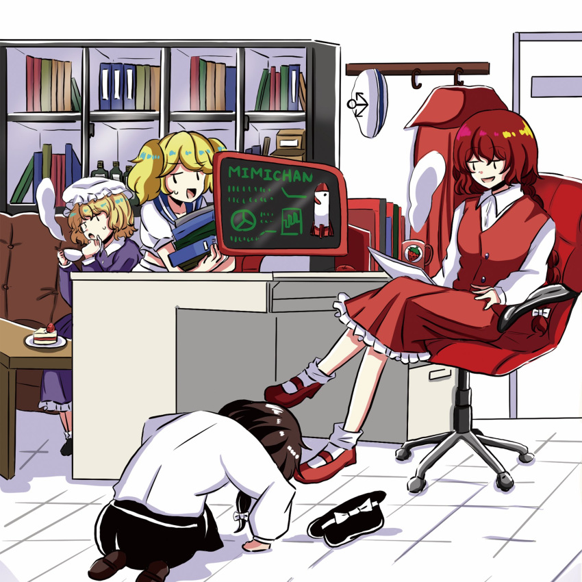 4girls, anchor_symbol, apologizing, begging, black_hat, blonde_hair, blue_sailor_collar, bow