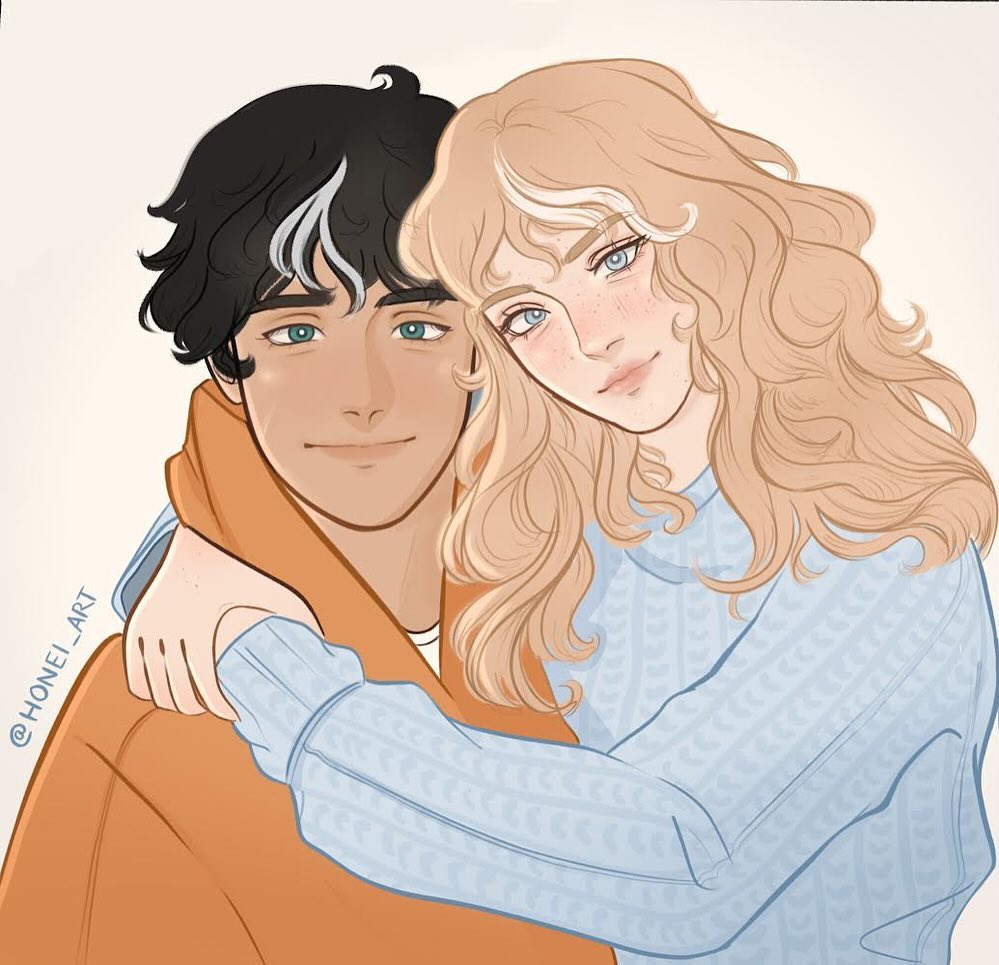 1boy, 1girl, affectionate, arms_around_neck, black_hair, blonde_hair, blue_eyes, comforting, commission, copyright_request, couple, curly_hair, freckles, hetero, hood, hoodie, hug, leaning_on_person, multicolored_hair, neia_(honei.studio), pastel_colors, simple_background, smile, sweater, two-tone_hair, wavy_hair, white_streaks