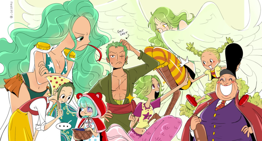 1boy, 6+girls, blush_stickers, boa_sandersonia, camie_(one_piece), cape, cesel, chimney_(one_piece)