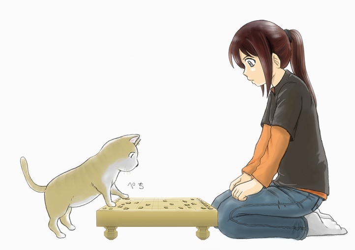 cat, copyright_request, footwear, futon_suki, jeans, long_hair, ponytail, short_over_long_sleeves