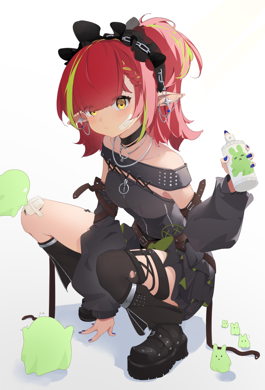 1girl, absurdres, arknights, bandage_on_knee, bandaid, bandaid_on_cheek, bandaid_on_face, bare_shoulders, black_bonnet, black_boots, black_choker, black_dress, blue_nails, bonnet, boots, braid, breasts, brown_eyes, choker, commentary_request, detached_sleeves, dress, earrings, eyes_visible_through_hair, gauze_on_knee, green_hair, hair_over_one_eye, highres, holding, holding_spray_can, jewelry, long_hair, looking_at_viewer, material_growth, multicolored_hair, oripathy_lesion_(arknights), pointy_ears, puppet_dancer_(arknights), red_hair, simple_background, small_breasts, solo, squatting, stray_friday, streaked_hair, tecno_(arknights)