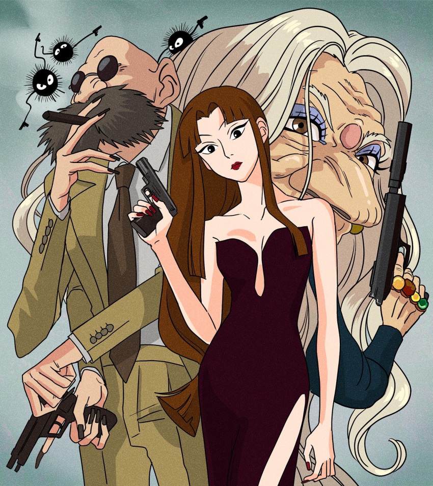 1boy, 2girls, bald, bare_shoulders, big_nose, brown_eyes, commentary_request, cowboy_shot