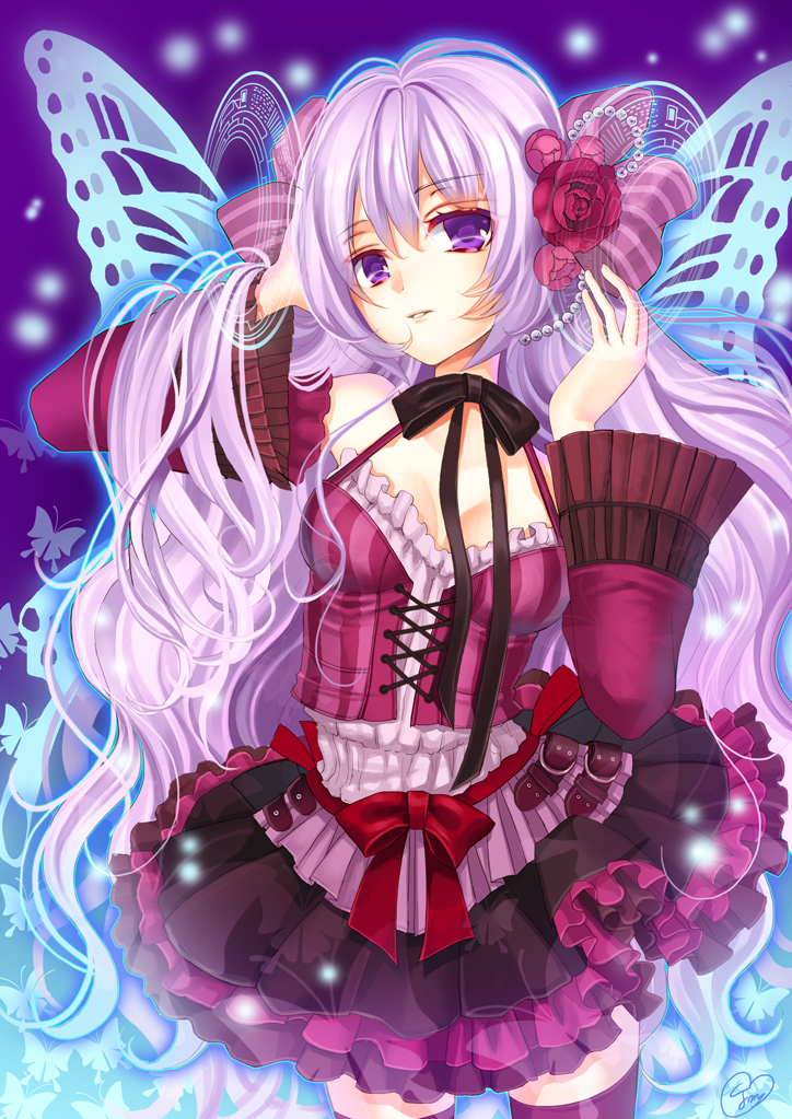colorful, hair_flower, hair_ornament, long_hair, original, purple_eyes, purple_hair, skirt