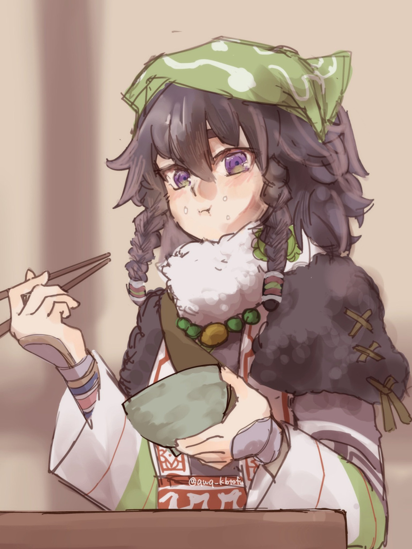 1girl, :i, ainu_clothes, bead_necklace, beads, black_hair, blush, bowl, braid, chopsticks, closed_mouth, eating, food, food_on_face, hair_between_eyes, headscarf, highres, holding, holding_bowl, holding_chopsticks, jewelry, looking_at_viewer, necklace, pilika_(rune_factory), qwq_kbtofu, rice, rice_on_face, rune_factory, rune_factory:_guardians_of_azuma, side_braids, solo, twitter_username, upper_body, violet_eyes