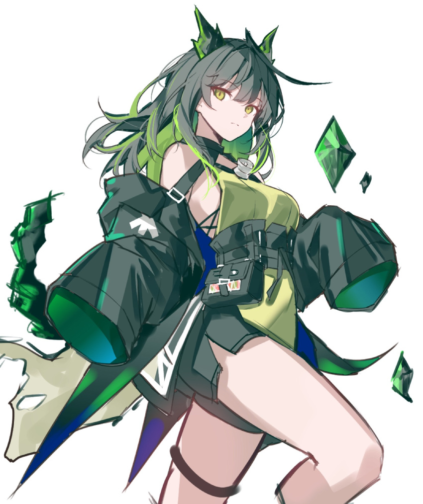 1girl, ahoge, arknights, bare_shoulders, belt, belt_pouch, black_hair, black_jacket