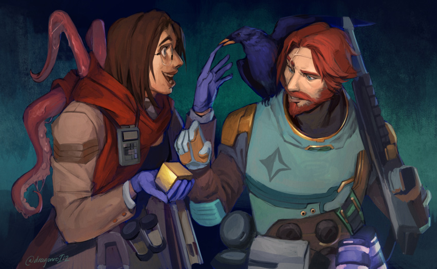 1boy, 1girl, absurdres, animal_on_shoulder, armor, artist_name, beard, bird