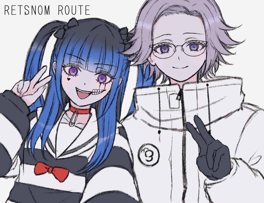 1boy, 1girl, :d, amemiya_darumi, aotsuki_eito, black_gloves, blue_hair, commentary_request