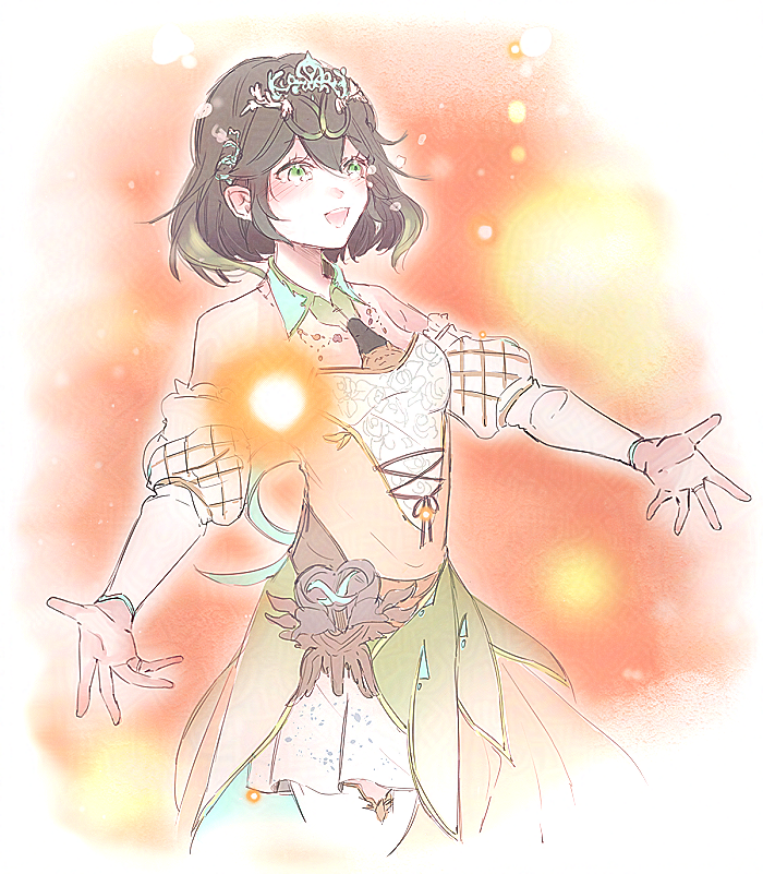 1girl, bare_shoulders, breasts, brown_hair, detached_sleeves, dress, ff14hioo_oo7, final_fantasy