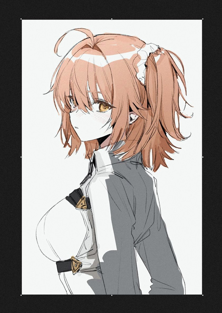 1girl, ahoge, black_border, border, breasts, chaldea_uniform, chest_belt, expressionless