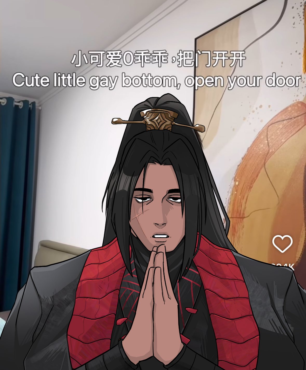 1boy, bedroom, black_eyes, black_hair, black_hanfu, chinese_clothes, chinese_text, curtained_hair