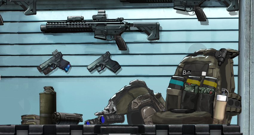 absurdres, ammunition_pouch, armory, assault_rifle, backpack, bag, check_translation, chinese_commentary, combat_helmet, compensator, crate, explosive, fast_helmet, g&amp;k-cmdr, glock, gloves, green_background, green_gloves, green_helmet, grenade, gun, handgun, helmet, highres, laser_sight, m4_carbine, magazine_(weapon), night_vision_device, no_humans, optical_sight, original, pouch, rifle, rifle_cartridge, smoke_grenade, still_life, suppressor, translated, translation_request, weapon, weapon_on_wall