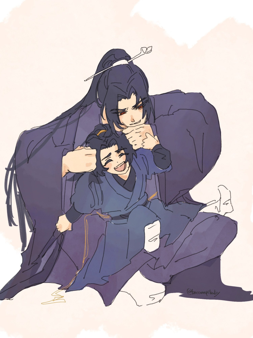 2boys, :d, arm_up, baconepibaby, black_sleeves, blue_hair, blue_hanfu, chinese_clothes
