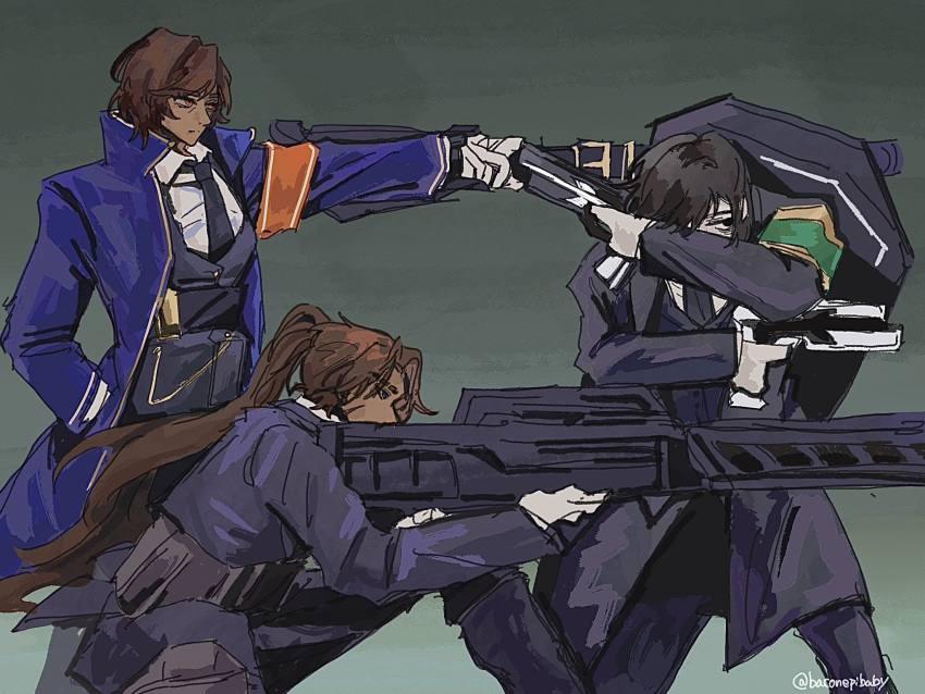 1girl, 2boys, aiming, animal_print, armband, baconepibaby, belt, black_boots