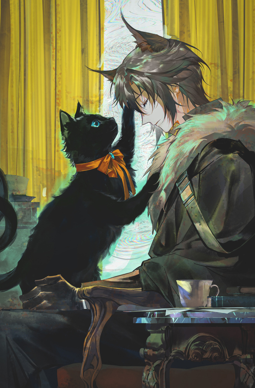 1boy, 1girl, absurdres, animal, animal_ears, arknights, black_cat, black_jacket