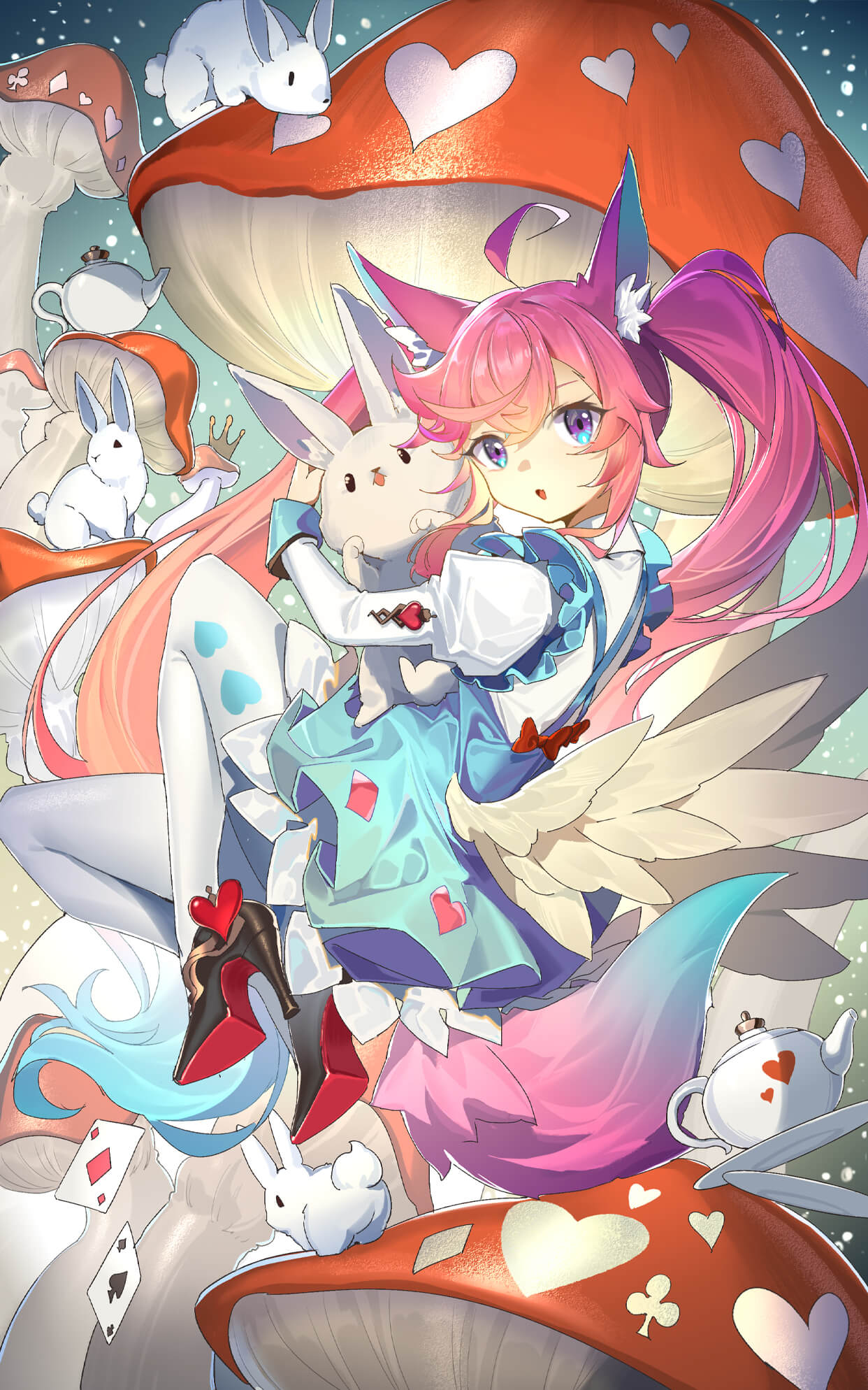 1girl, ahoge, alice_(alice_in_wonderland), alice_(alice_in_wonderland)_(cosplay), animal, animal_ear_fluff, animal_ears, bad_source