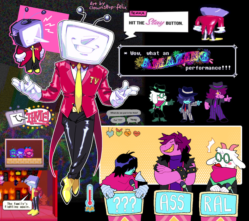 1girl, 1other, 2boys, ant_tenna, armor, artist_name, belt, black_overalls