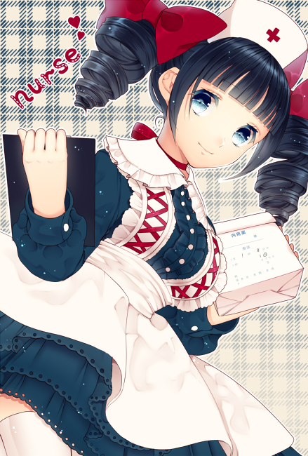 apron, black_hair, blue_eyes, bow, breasts, choker, clipboard, dress