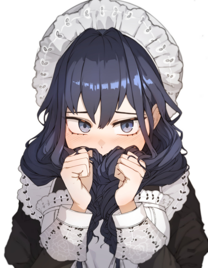 1girl, absurdres, apron, black_dress, black_hair, blue_eyes, dress, grabbing_own_hair