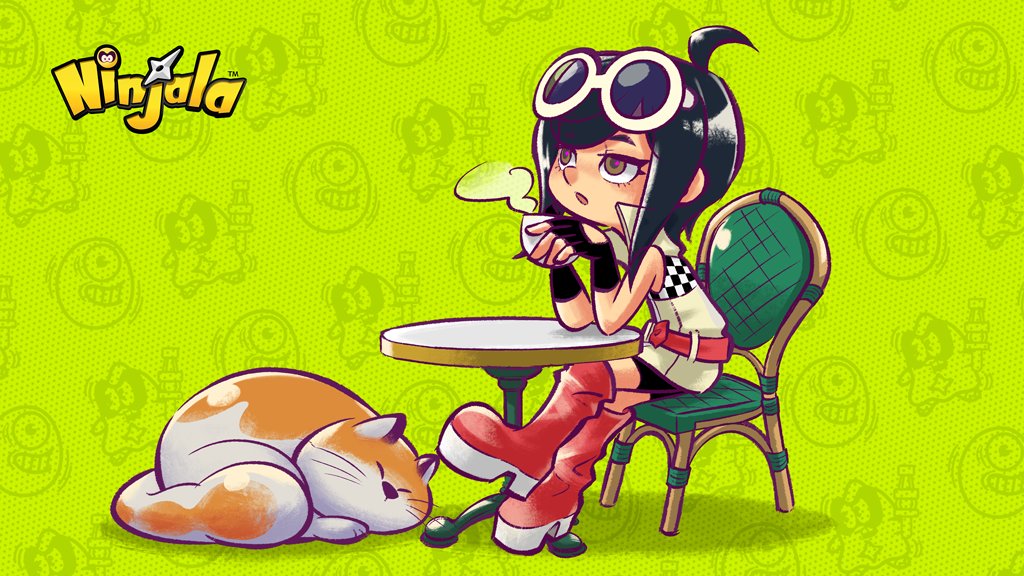 1boy, 1girl, ahoge, belt, belt_buckle, belted_jacket, bike_shorts, black_gloves, black_hair, black_shorts, bob_cut, boots, brown_pupils, buckle, character_background, checkered_clothes, checkered_jacket, child, closed_eyes, collared_jacket, commentary_request, copyright_name, copyright_notice, crossed_legs, elbow_on_table, english_text, eyelashes, eyewear_on_head, fingerless_gloves, flat_chest, gloves, goro_(ninjala), gumchi, gungho, halftone, halftone_background, high_collar, jacket, jane_(ninjala), large_tail, logo, medium_hair, multicolored_jacket, ninjala, official_art, on_chair, open_mouth, orange_fur, orange_tail, outline, polka_dot, polka_dot_background, popped_collar, purple_outline, racequeen, red_belt, red_boots, rianti-wong, second-party_source, shadow, shorts, shuriken, simple_background, sitting, skinny, sleeping, sleeveless, sleeveless_jacket, steam, sunglasses, swept_bangs, table, tail, two-tone_jacket, weapon, whiskers, white-framed_eyewear, white_fur, white_tail, yellow_eyes