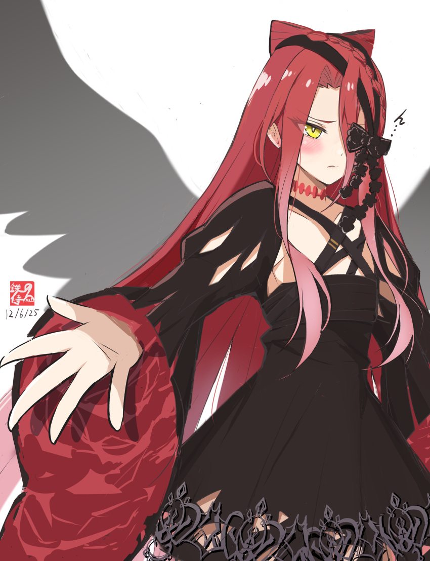 1girl, absurdres, black_bandages, black_bonnet, black_butterfly, black_dress, black_shrug, blush