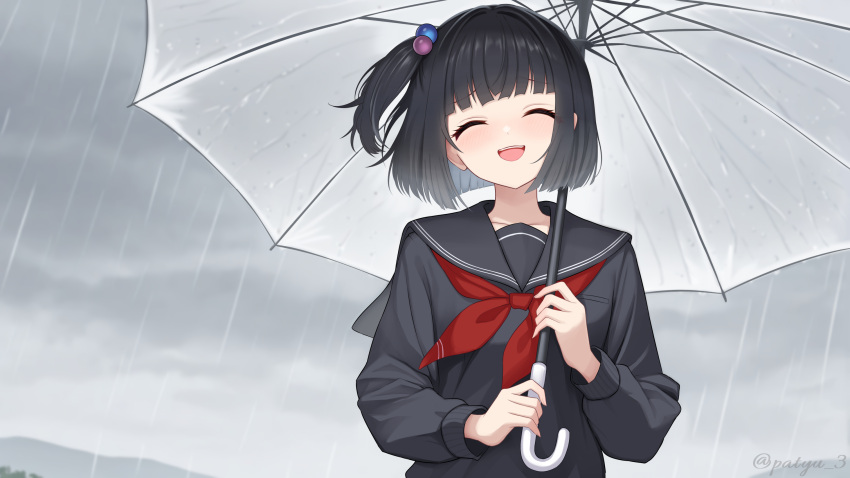 1girl, :d, ^_^, amemori_sayo, amemori_sayo_(1st_costume), artist_name, black_hair, black_sailor_collar