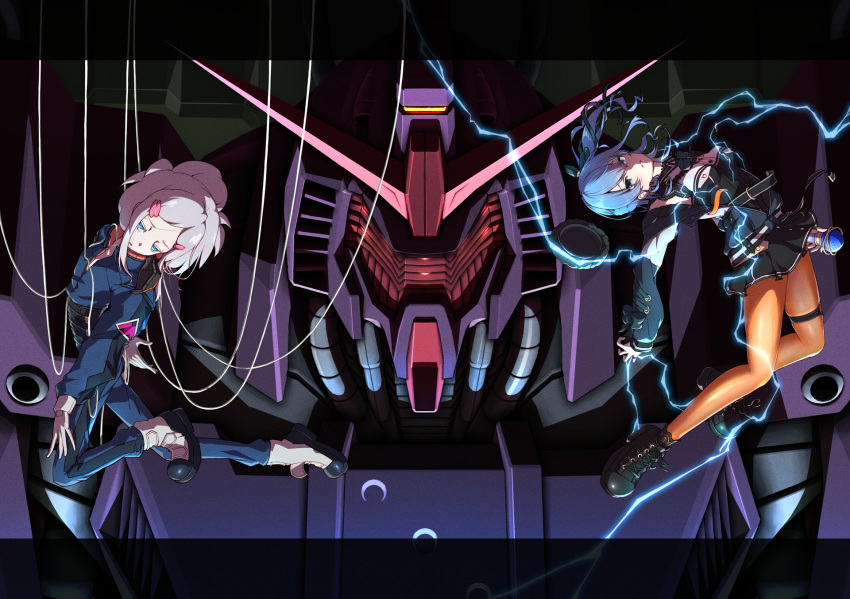 2girls, blue_eyes, blue_hair, cable, commentary_request, cosplay, deux_murasame, electricity, elpeo_puru, elpeo_puru_(cosplay), entangled, gundam, gundam_gquuuuuux, gundam_zz, highres, hiraken, hololive, hoshimachi_suisei, in-franchise_crossover, machinery, mecha, mecha_pilot_suit, mobile_suit, multiple_girls, parody, psycho_gundam_(gquuuuuux), puru_two, puru_two_(cosplay), robot, science_fiction, style_parody, trapped, v-fin, white_hair