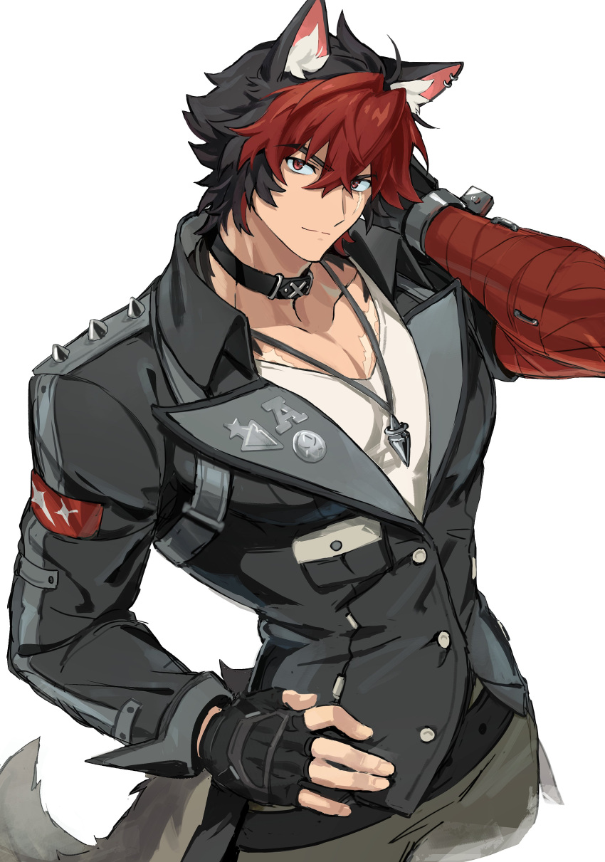1boy, absurdres, animal_ears, bandaged_arm, bandages, black_choker, black_gloves, black_hair