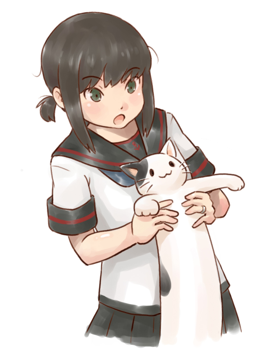 1girl, :o, anchor_print, animal, batsubyou, black_hair, black_sailor_collar, black_skirt