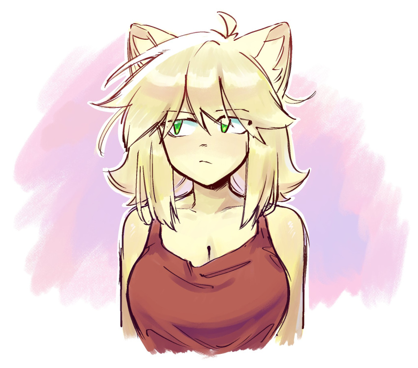 animal_ears, anime_art_style, blonde_hair, cat_ears, expressionless, furry, green_eyes, highres, kborb, original, serious_expression, sleeveless_top, upper_body