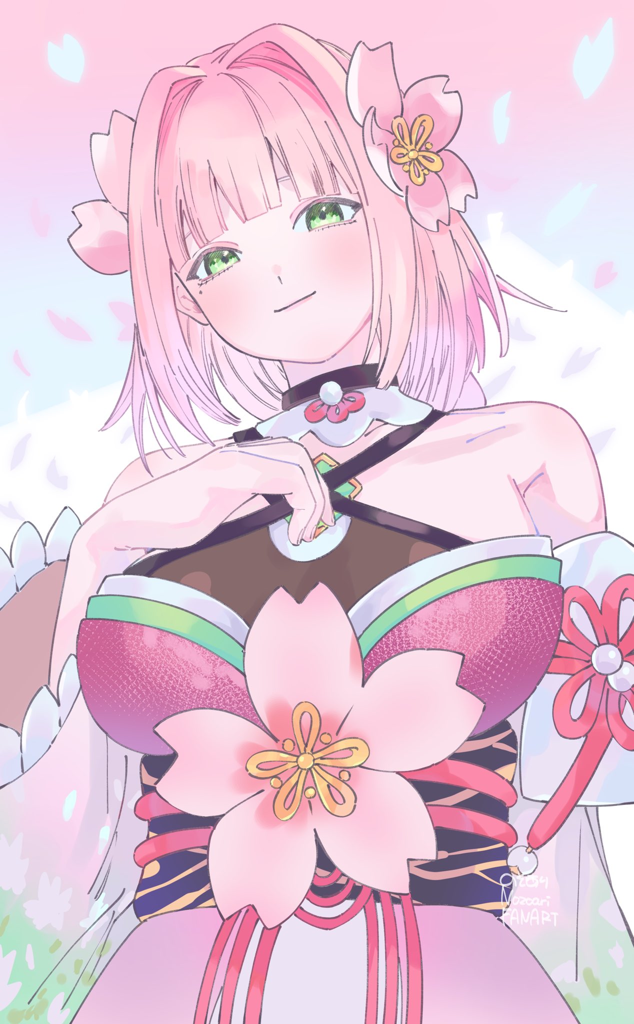 1girl, bare_shoulders, blush, breasts, cherry_blossoms, closed_mouth, commentary_request, criss-cross_halter