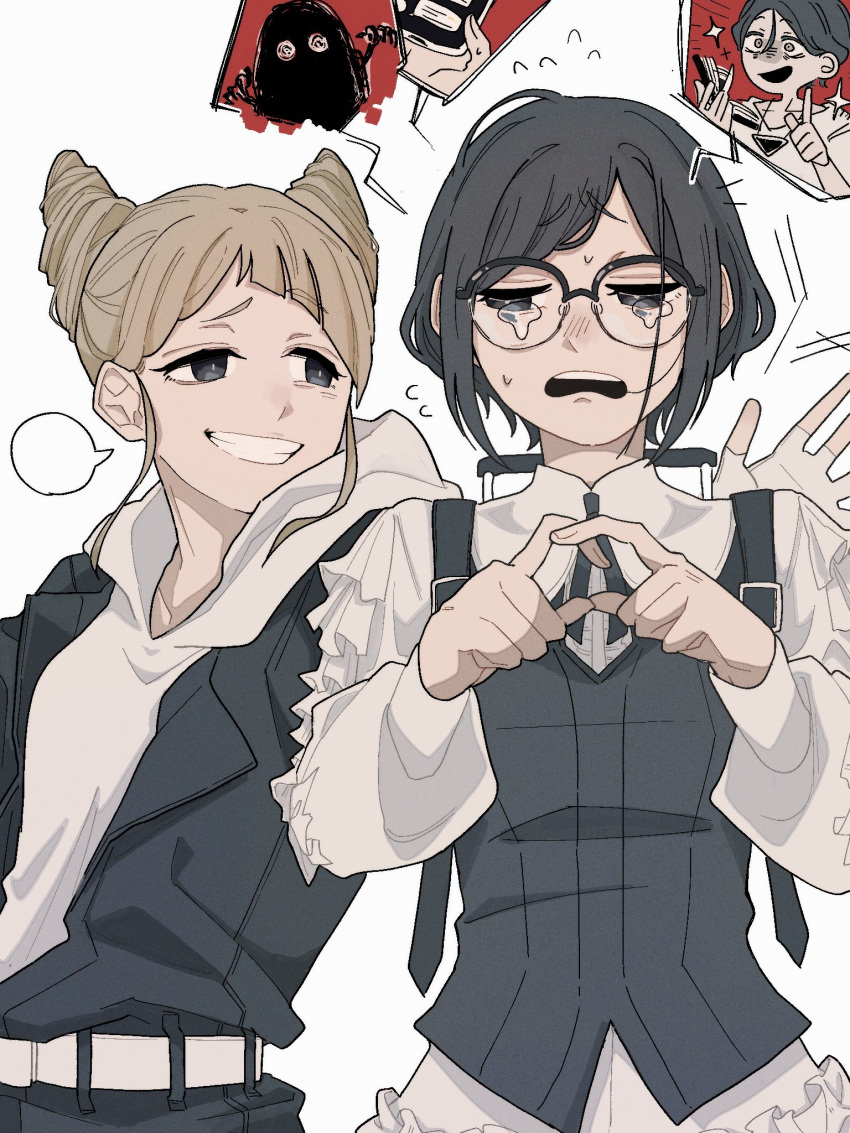 2girls, backpack, bag, blank_speech_bubble, collared_shirt, commentary_request, cone_hair_bun, crying