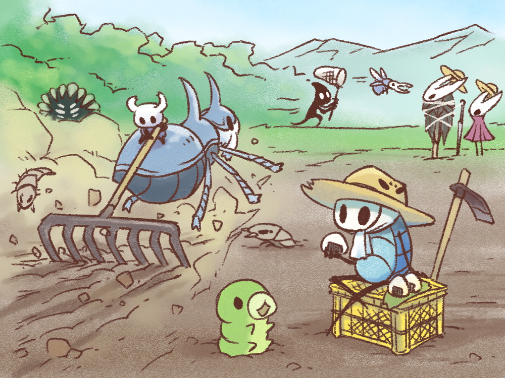 1boy, 1girl, 3others, arthropod_girl, blue_sky, brown_hat, bug, butterfly_net