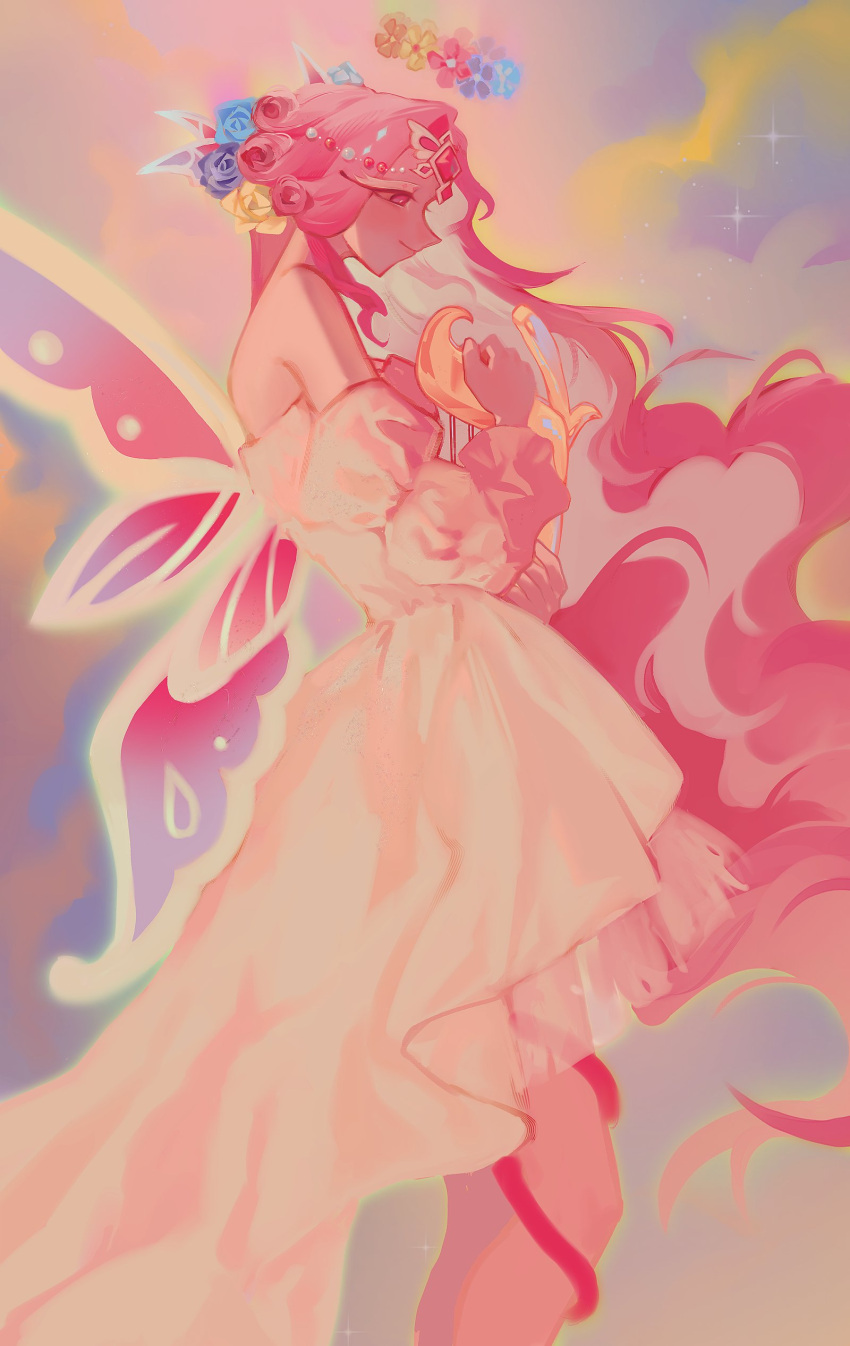 1girl, absurdres, bare_legs, butterfly_wings, colored_skin, commentary, cookie_run, cookie_run:_kingdom, demon_girl, demon_tail, dress, english_commentary, eternal_sugar_cookie, eternal_sugar_cookie_(blooming_bringer_of_sloth), highres, insect_wings, long_hair, pink_hair, pink_skin, smile, solo, tail, very_long_hair, white_dress, wings, zorcha
