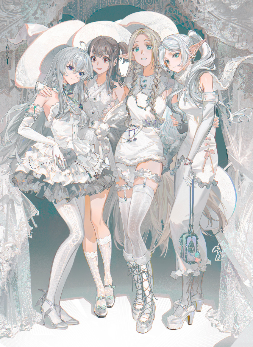 4girls, absurdres, ahoge, aqua_eyes, bag, blonde_hair, blue_eyes, boots, bracelet, braid, brown_hair, commentary, crossover, dress, dungeon_meshi, earrings, elaina_(majo_no_tabitabi), elbow_gloves, elf, frieren, frilled_dress, frilled_thigh_strap, frills, full_body, genre_connection, gloves, grabbing_another's_arm, hand_on_another's_shoulder, hand_on_another's_waist, handbag, hat, high_heels, highres, holding, holding_bag, jewelry, kagari_atsuko, kneehighs, lace-up_boots, lace_socks, little_witch_academia, looking_at_viewer, majo_no_tabitabi, marcille_donato, mary_janes, multiple_crossover, multiple_girls, pantyhose, pointy_ears, pumps, red_eyes, shoes, silver_shoes, socks, sousou_no_frieren, standing, thigh-highs, thigh_strap, twin_braids, twintails, white_boots, white_dress, white_gloves, white_hair, white_hat, white_pantyhose, white_shoes, white_socks, white_theme, white_thighhighs, wings, witch, witch_hat, ying_yi
