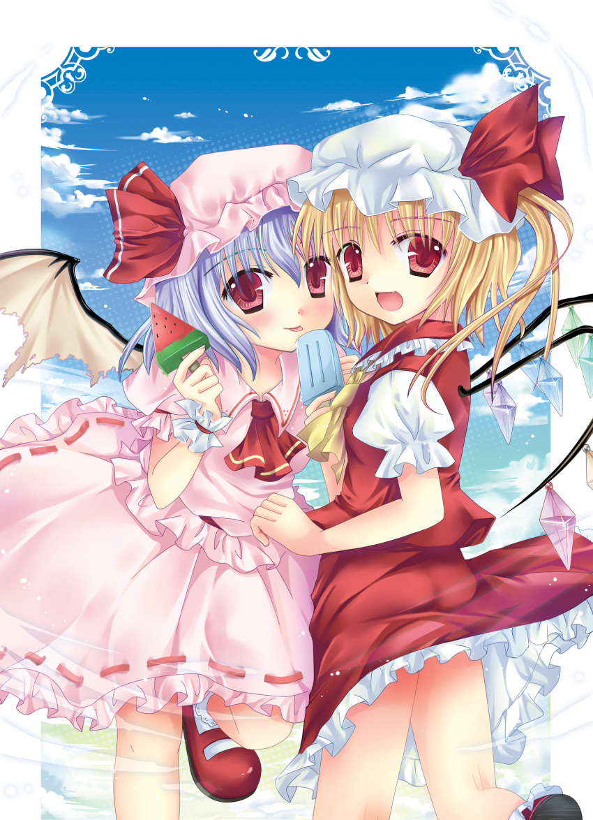 2girls, bat_wings, blonde_hair, dress, flandre_scarlet, hanahanaken, hat, highres